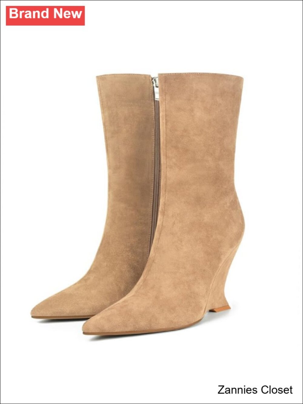 ✨ Suede Wedge Heel Ankle Boots Pointy Mid Calf Side Zipper Comfortable Winter